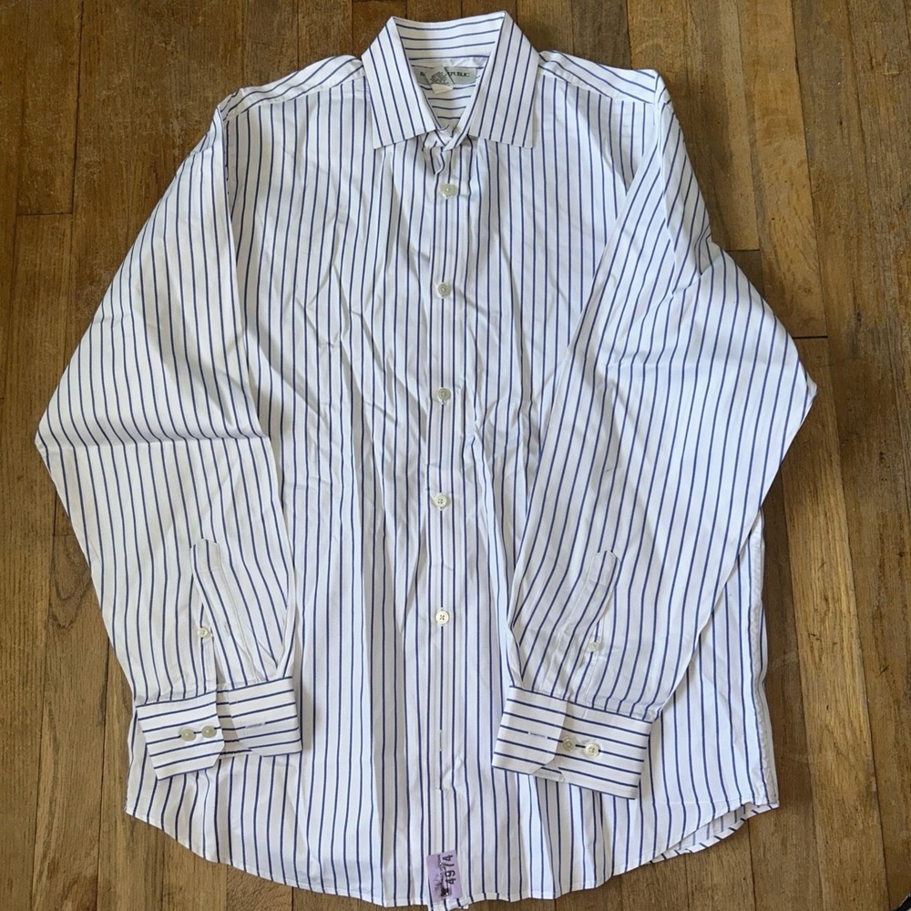 Banana Republic Men Blue White Stripe Cotton Dress Shirt Size L 16-16.5 Long Slv
